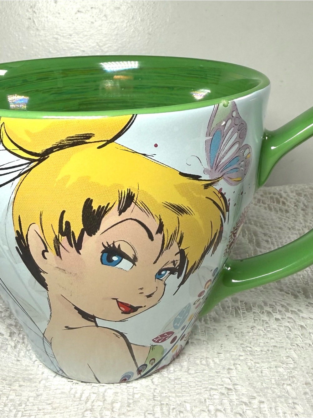 Disney Tinker Bell Ceramic Mug with Green Interior and Yellow Hair Illustration